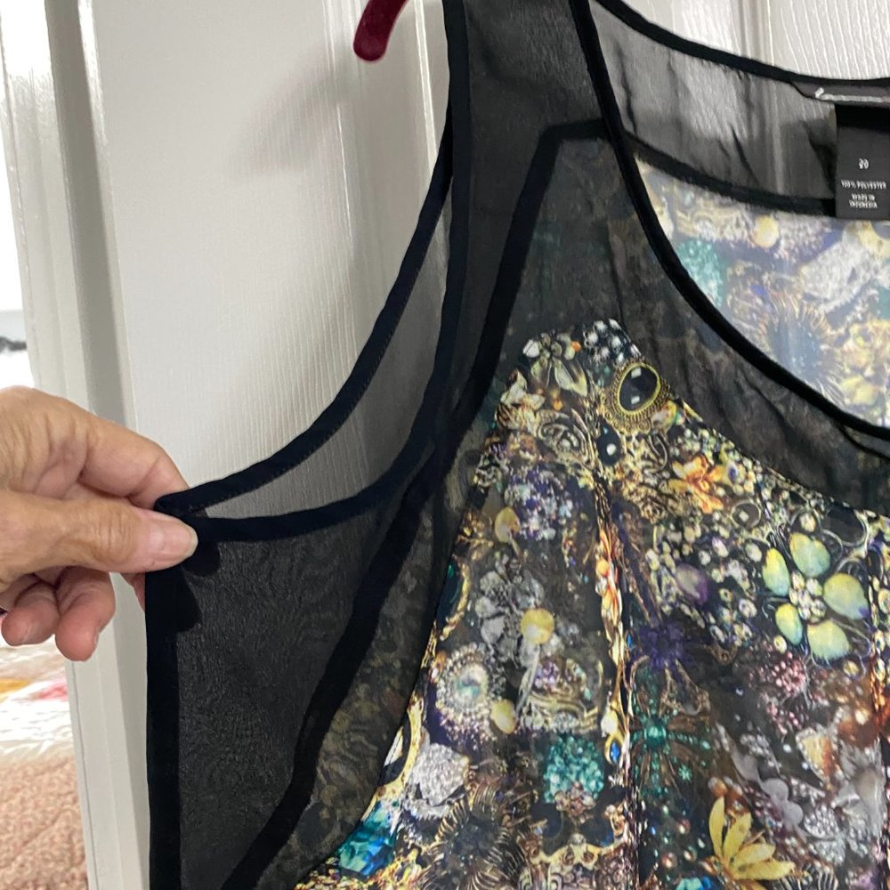 Lk New~Lane Bryant Sheer chiffon sleeveless floral and black blouse~20 - Picture 5 of 10